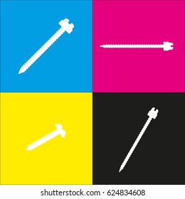 Screw sign illustration. Vector. White icon with isometric projections on cyan, magenta, yellow and black backgrounds.