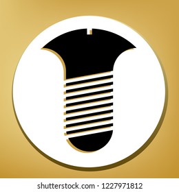 Screw sign. Vector. Black icon with light brown shadow in white circle with shaped ring at golden background.
