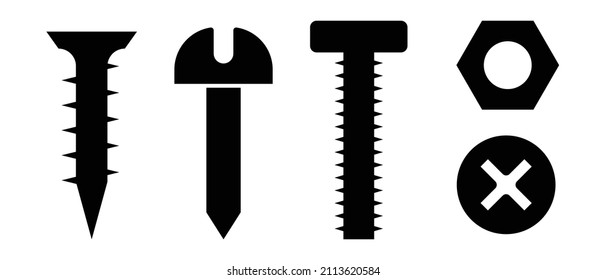 Screw silhouette icon set. Bolt and nut. Vector.