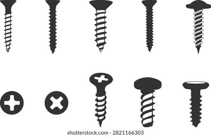 Screw silhouettes, Screw bundle, Screwhead silhouette, Screwhead vector, Screw drawing. 