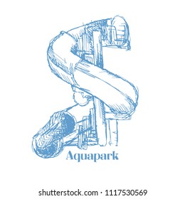 Screw Slides or Aqua Tube, Play in Aquapark Sketched Equipment for Logo. Isolated Aqua Park Cartoon Design. Vector Illustrations for Pool