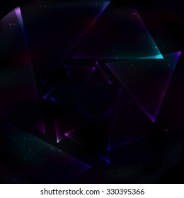 Screw soap transparent glowing blue and violet triangles that are screwed into the spiral space on retro background.