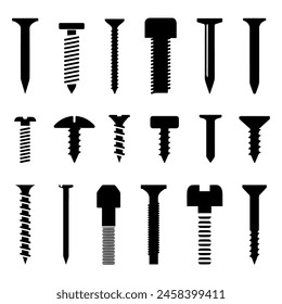 Screw tools, bolt and nail nut silhouettes collection in black