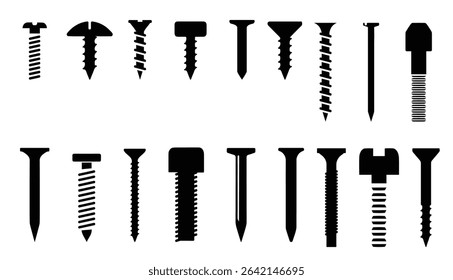 Screw tools, bolt and nail nut silhouettes collection in black