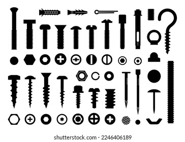 Screw tools set, bolt and nail nut. Hook and fastener, carpenter icons, building drill, clincher, business construction. Flat isolated elements. Vector black silhouette utter collection