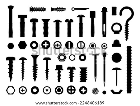 Screw tools set, bolt and nail nut. Hook and fastener, carpenter icons, building drill, clincher, business construction. Flat isolated elements. Vector black silhouette utter collection