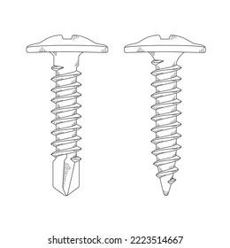 screw working drawing, small tailed self-tapping screws black and white art sketch vector