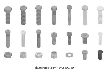 Screw-bolt icons set. Isometric set of screw-bolt vector icons for web design isolated on white background