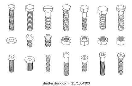 Juego de iconos del tornillo de tornillo. Conjunto isométrico de iconos vectoriales de tornillo aislados en fondo blanco