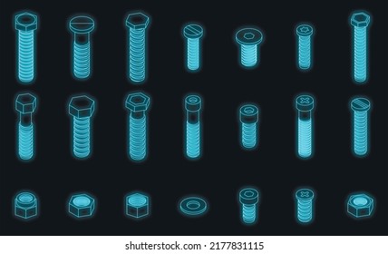 Screw-bolt icons set. Isometric set of screw-bolt vector icons neon on black