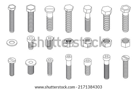 Screw-bolt icons set. Isometric set of screw-bolt vector icons outline isolated on white background