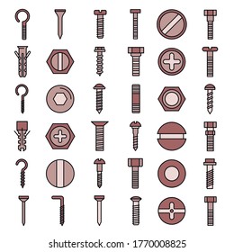 Screw-bolt icons set. Outline set of screw-bolt vector icons thin line color flat on white