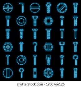 Juego de iconos de tornillos de tornillo. Conjunto de contornos de iconos vectoriales de tornillo de neón color sobre negro