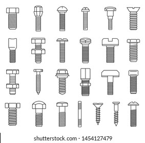 Screw-bolt industrial icons set. Outline set of screw-bolt industrial vector icons for web design isolated on white background