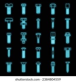 Screw-bolt industrial icons set. Outline set of screw-bolt industrial vector icons neon color on black