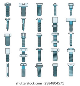 Screw-bolt industrial icons set. Outline set of screw-bolt industrial vector icons thin line color flat on white