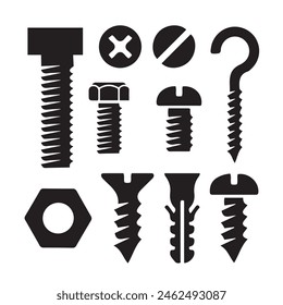 Screw,Bolt and Nut Vector Sillhouette Isolated On A White Background