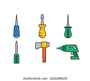 screwdriver, axe and drill icons illustration