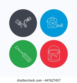 Screwdriver, battery terminal and tape measure icons. Bucket of paint linear sign. Linear icons on colored buttons. Flat web symbols. Vector