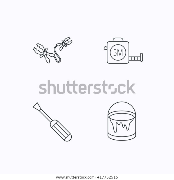Screwdriver, battery terminal and tape measure\
icons. Bucket of paint linear sign. Flat linear icons on white\
background.\
Vector