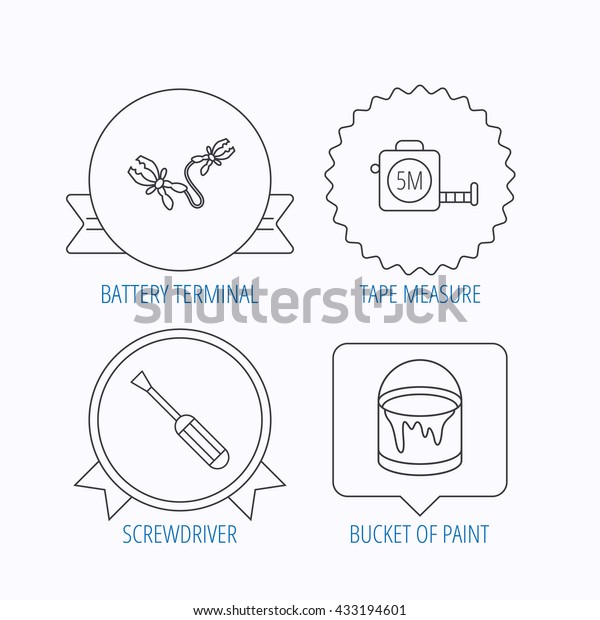 Screwdriver, battery terminal and tape measure\
icons. Bucket of paint linear sign. Award medal, star label and\
speech bubble designs.\
Vector