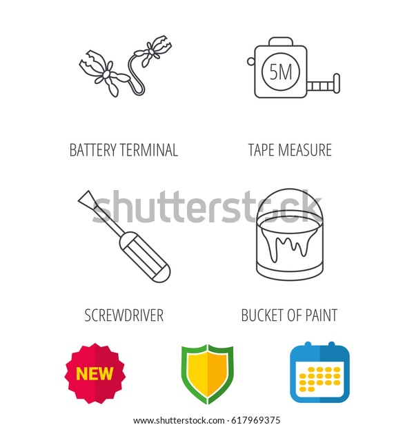 Screwdriver, battery terminal and tape measure
icons. Bucket of paint linear sign. Shield protection, calendar and
new tag web icons.
Vector
