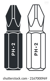 Screwdriver Bits. Impact Driver Bits PH#2 Isolated Silhouette and Outline