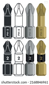 Screwdriver Bits. Impact Driver Torsion Bits. Isolated Silhouette, Outline, Steel and Titanium Coated