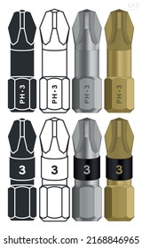 Schraubendreher-Bits. Impact Driver Torsion Bits. Silhouette, Umriss, Stahl- und Titanbeschichtung einzeln
