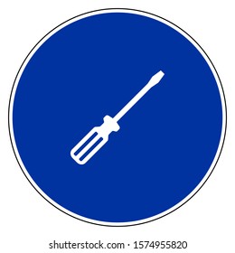 Screwdriver and blue sign on white