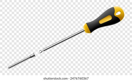 Screwdriver with bolt isolated on transparent background. Black and yellow long screwdrivers. Metal tool for Home Repairs and Mechanical Work. Realistic 3d vector illustration.