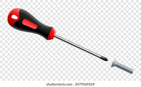 Screwdriver with bolt isolated on transparent background. Black and yellow long screwdrivers. Metal tool for Home Repairs and Mechanical Work. Realistic 3d vector illustration.