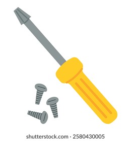 Screwdriver and bolt isolated on white background. Long screwdriver. Metal tool for home repair and mechanical work. Vector illustration in cartoon flat style