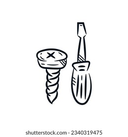 Screwdriver and bolt nut hand drawn sketch line drawing. Mechanic tool vector doodle icon logo illustration