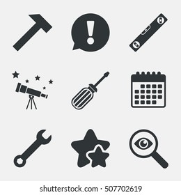 Screwdriver and bubble level, hammer.