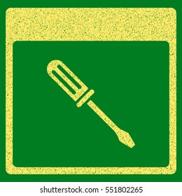 Screwdriver Calendar Page grainy textured icon for overlay watermark stamps. Flat symbol with unclean texture. Dotted vector yellow ink rubber seal stamp with grunge design on a green background.