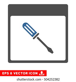Screwdriver Calendar Page icon. Vector EPS illustration style is flat iconic bicolor symbol, cobalt and gray colors.