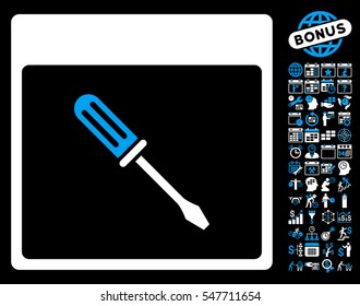 Screwdriver Calendar Page pictograph with bonus calendar and time management graphic icons. Vector illustration style is flat iconic symbols, blue and white, black background.