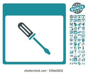 Screwdriver Calendar Page pictograph with bonus calendar and time management icon set. Vector illustration style is flat iconic symbols, soft blue, white background.