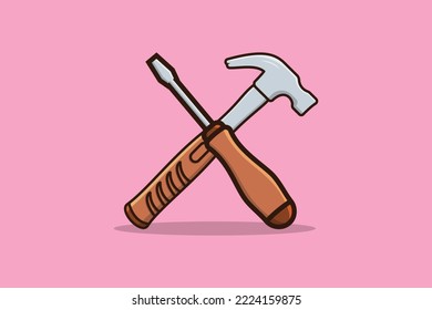 Screwdriver and Claw Hammer tools vector illustration. Working tools equipment objects icon concept. Claw Hammer tool and Screwdriver in cross sign vector design on pink background.