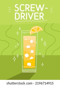Screwdriver cocktail in glass with ice. Classic summer alcohol drink illustration square card. Minimal poster with alcoholic beverage. Vector bright illustration.Wall decoration, prints, poster