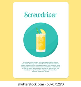Screwdriver cocktail menu item or sticker. Party drink in circle icon. Vector illustration.