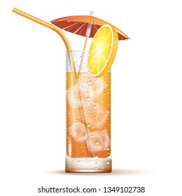 Screwdriver Cocktail Served In The Slightly Highball Glass With Orange Straw, Umbrella And Ice Cubes. Front View. 3d Photo Realistic Vector Illustration Isolated On Transparent Background