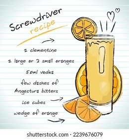 Screwdriver cocktail, vector sketch hand drawn illustration, fresh summer alcoholic drink with recipe and fruits