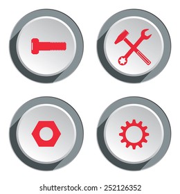 Screwdriver, cogwheel, pliers, wrench key icon, bolt nut. Repair fix tool symbol. Round 3d grey button with shadow. Vector