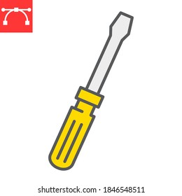 Icono de línea de color del destornillador, construcción y herramienta, gráficos vectoriales del signo de servicio, icono de contorno rellenado de trazo editable, eps 10