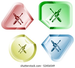 Screwdriver and combination pliers. Vector sticker.