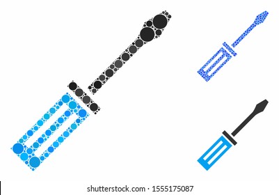 Screwdriver composition of small circles in different sizes and color tinges, based on screwdriver icon. Vector round elements are combined into blue composition.