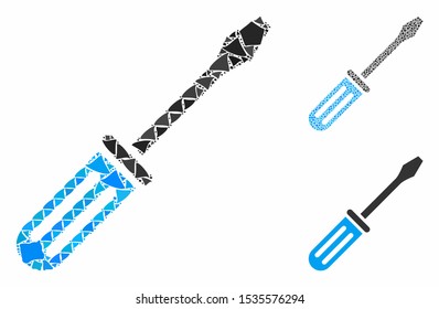 Screwdriver composition of uneven elements in variable sizes and color tinges, based on screwdriver icon. Vector uneven dots are organized into composition.