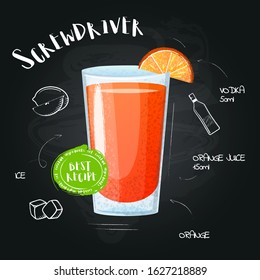 Screwdriver. Drawn cocktail - instruction for making a drink at the bar. Image in a cartoon style  on a black chalkboard with a set of ingredients. Vector illustration